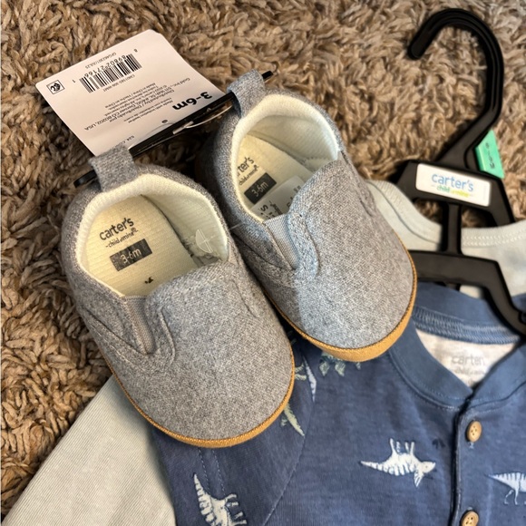 Carter's Navy Blue Dinosaur 3 piece Set with Light Gray Shoes - Picture 3 of 5